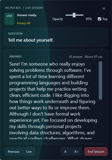Helper Bot live session answer ready screen