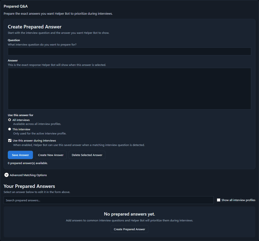 Helper Bot Prepared Q&A screen